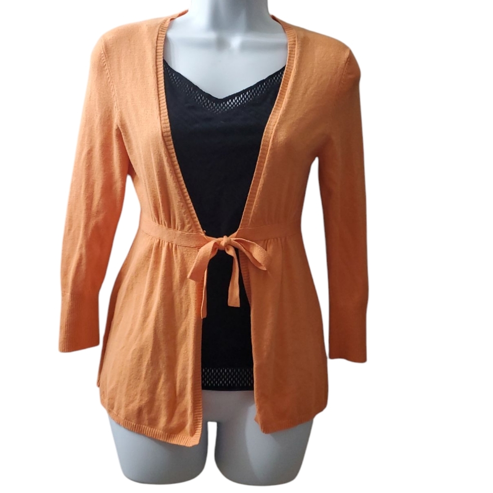 Vintage Express Womens Y2K 2000s Orange Tie Long Sleeve Cardigan